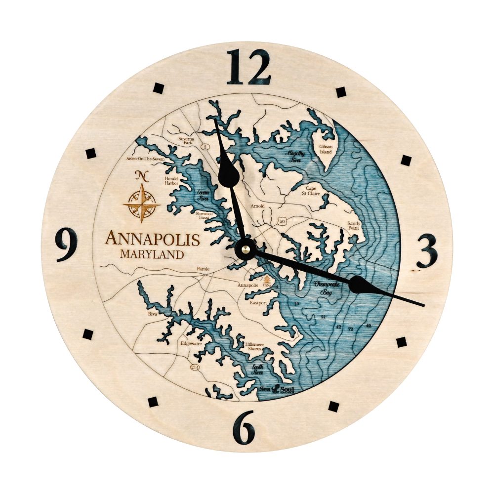 Annapolis 12-inch Nautical Map Clock Birch with Blue Green Water