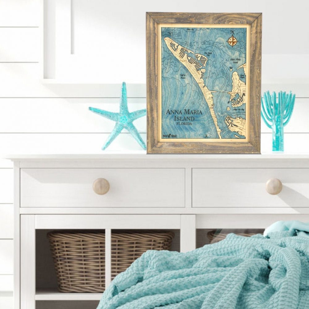 Anna Maria Island Wall Art Rustic Pine Accent with Blue Green Water on Dresser