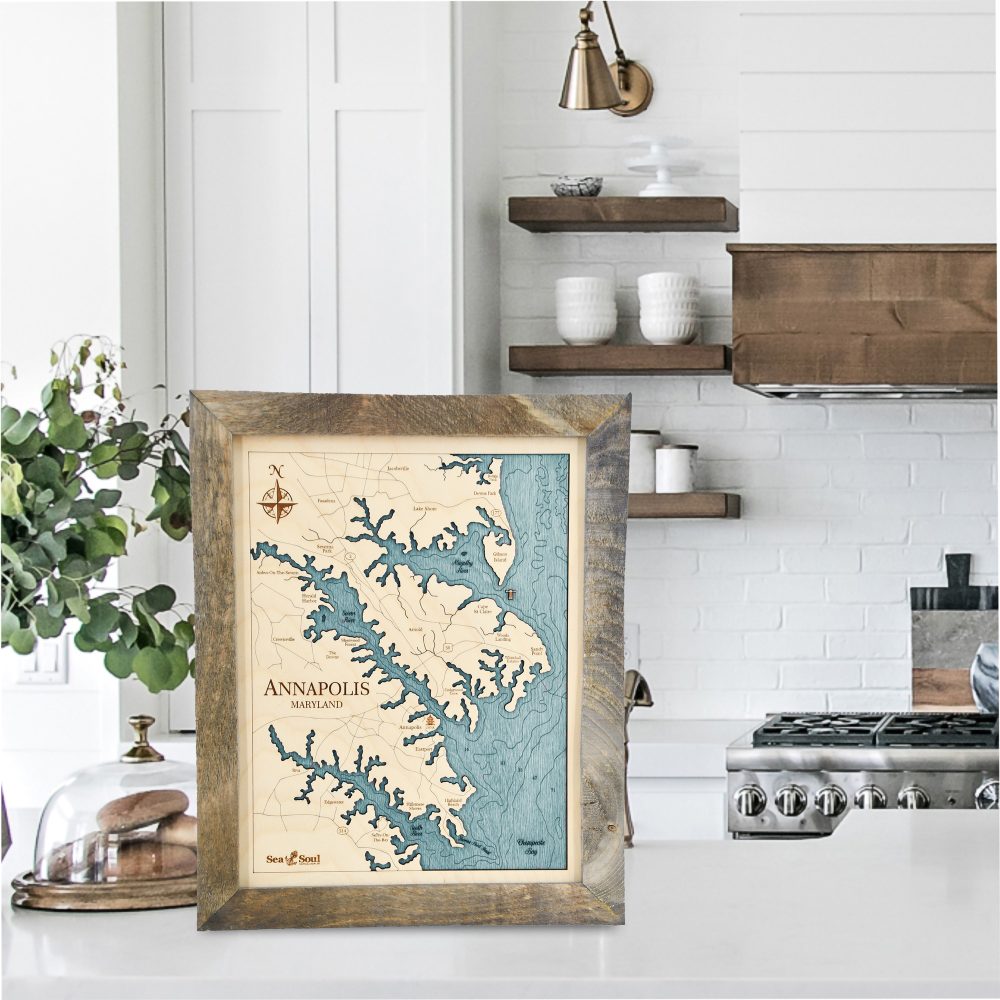 Annapolis Wall Art Rustic Pine with Blue Green Water on Countertop