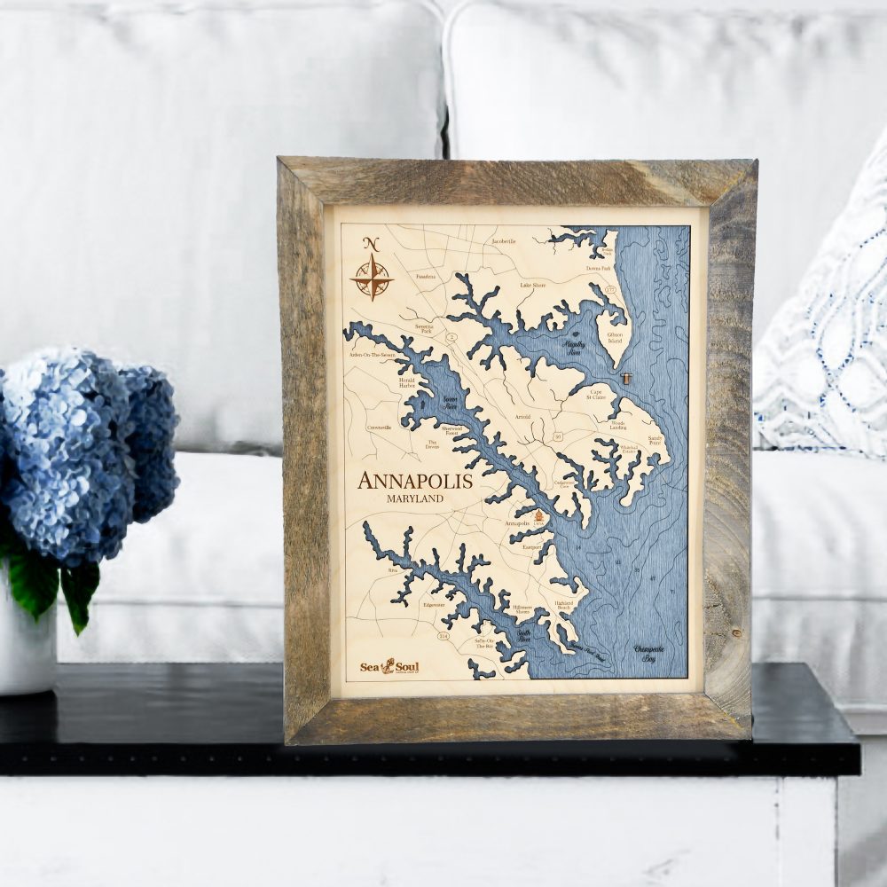 Annapolis Wall Art Rustic Pine with Deep Blue Water on Coffee Table
