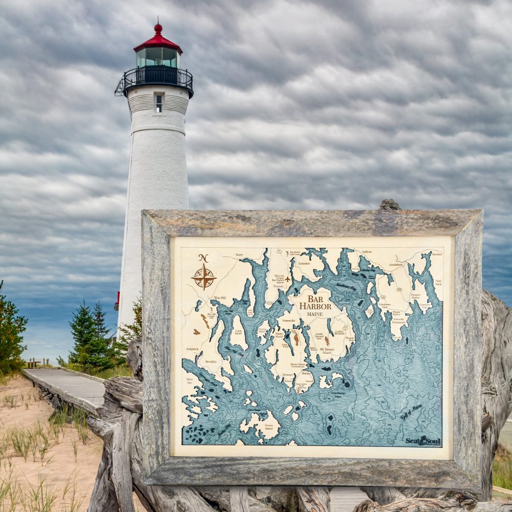 Bar Harbor Wall Art Rustic Pine Accent with Blue Green Water by Lighthouse