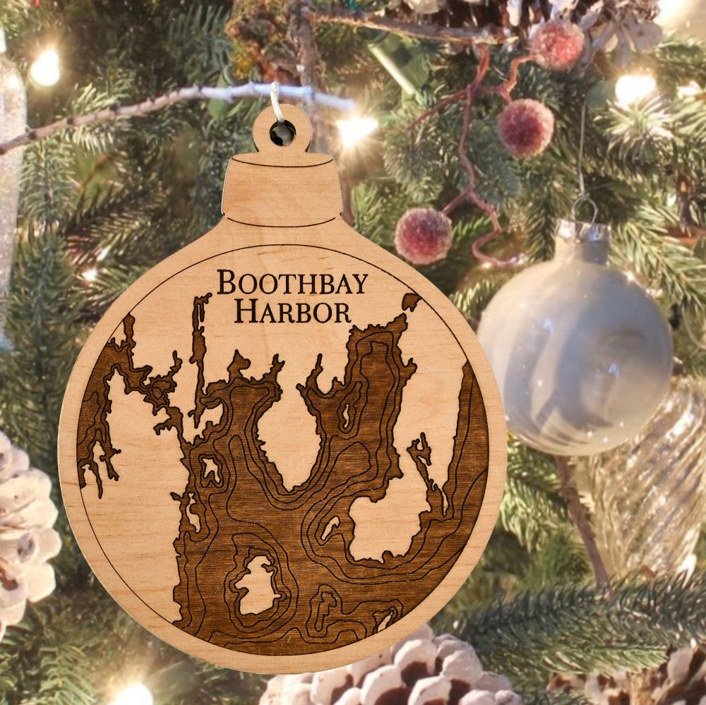 Boothbay Harbor Engraved Nautical Ornament Hanging on Christmas Tree with Silver Ornaments