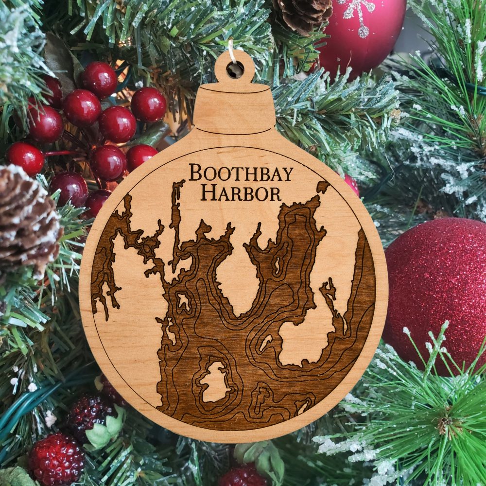 Boothbay Harbor Engraved Nautical Ornament Hanging on Christmas Tree with Red Ornaments