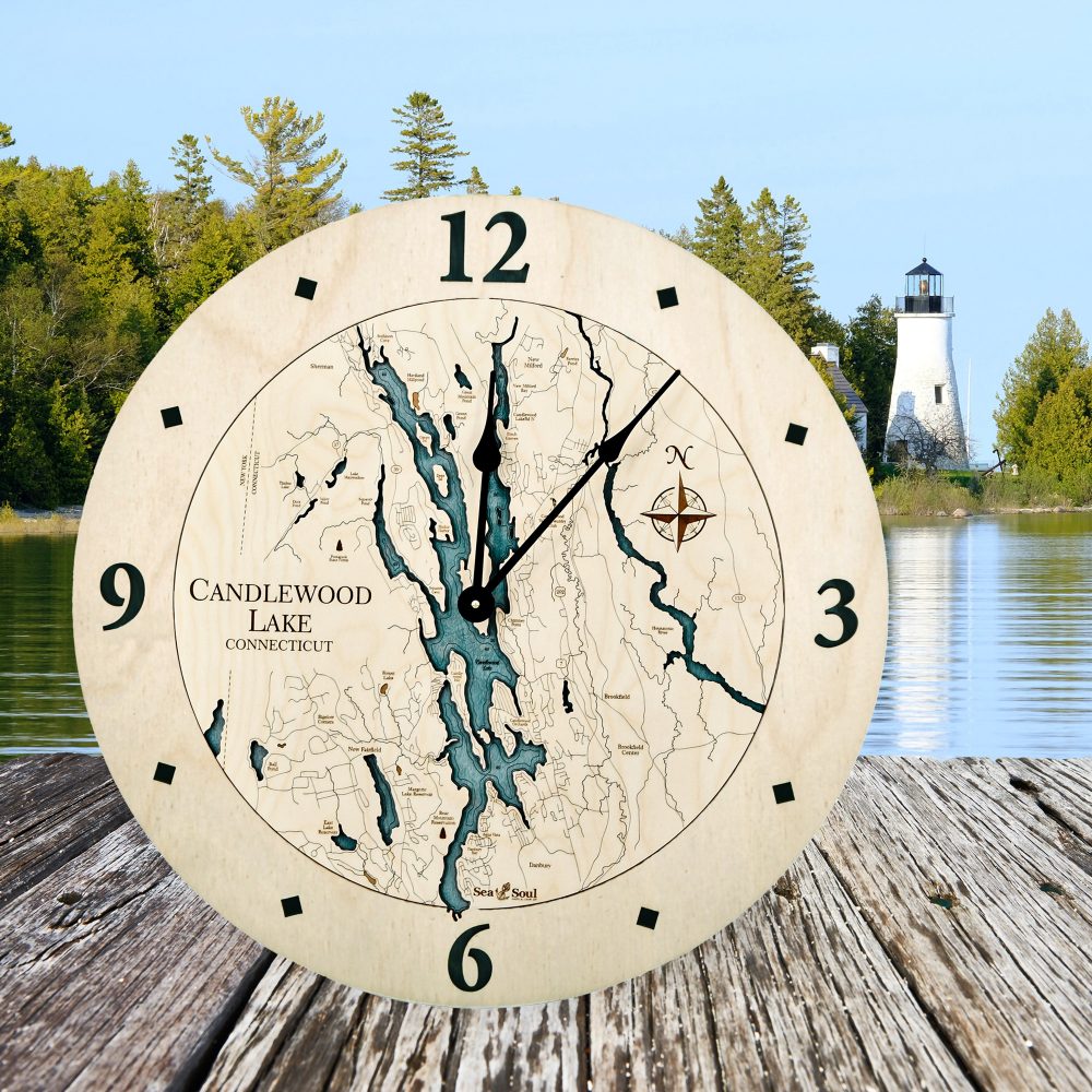 Candlewood Lake Nautical Clock Birch Accent with Blue Green Water on Dock