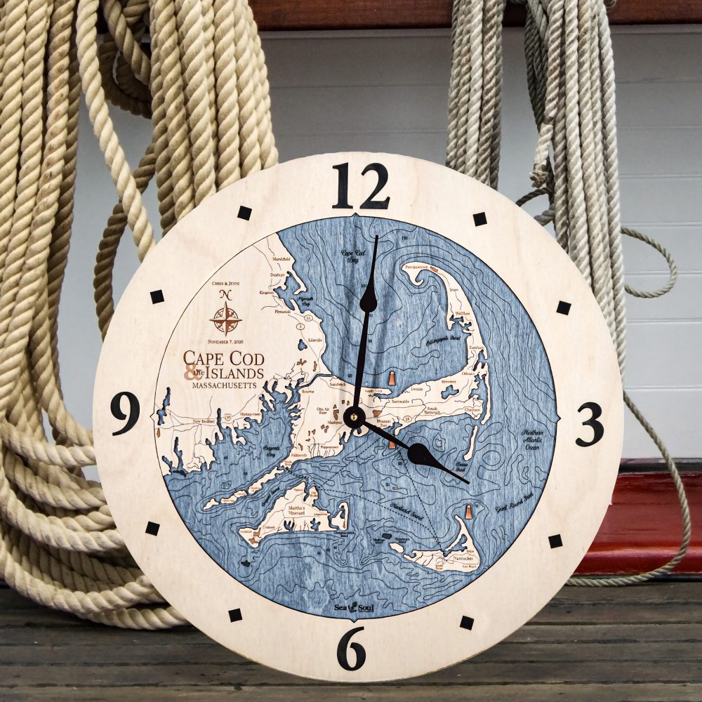 Cape Cod and Islands Nautical Clock Birch Accent with Deep Blue Water Sitting on Dock by Boat