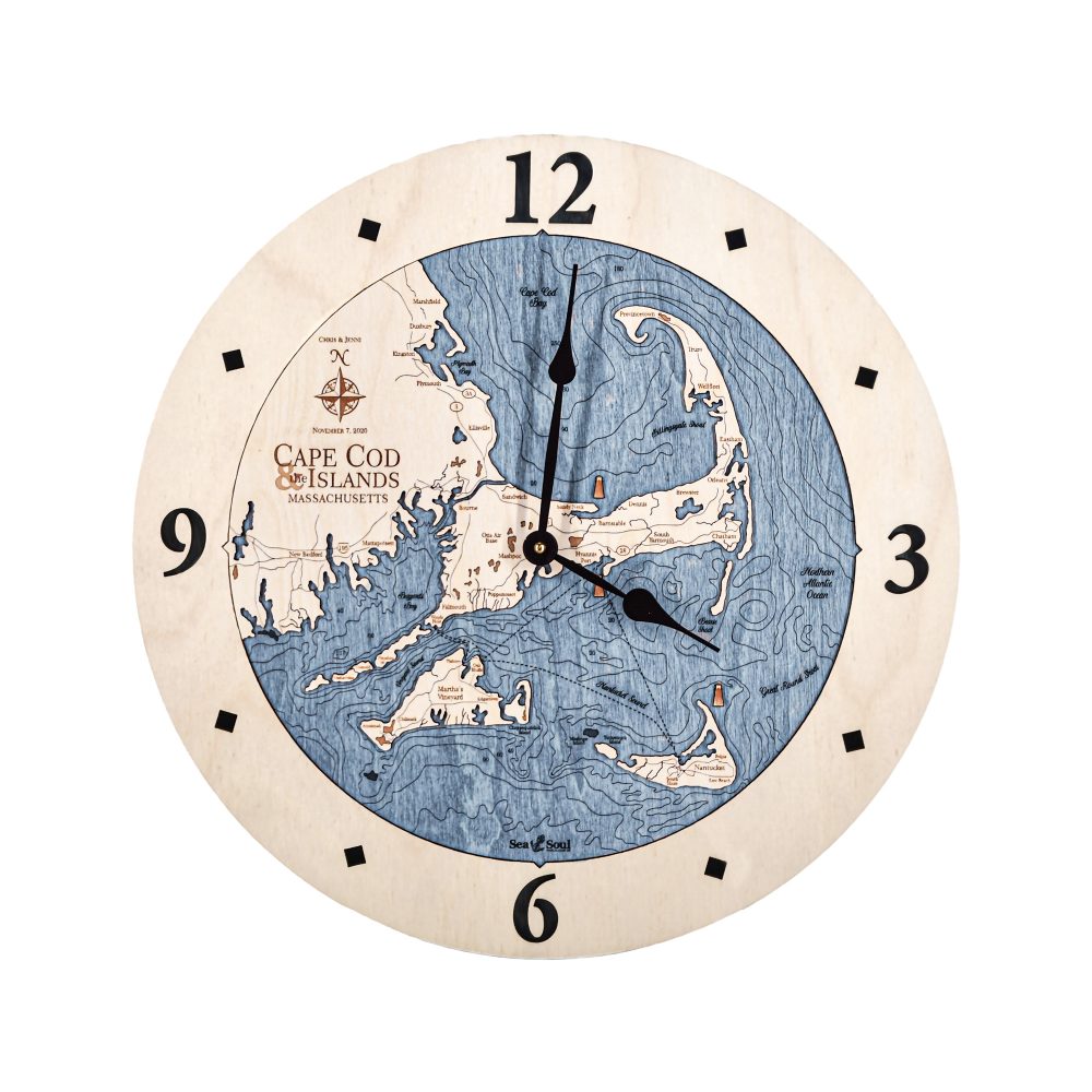 Cape Cod and Islands Nautical Clock Birch Accent with Deep Blue Water