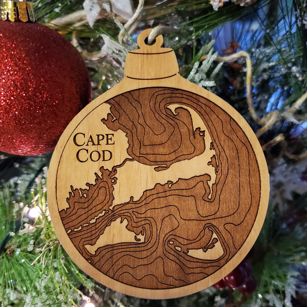 Cape Cod Engraved Nautical Ornament Hanging on Christmas Tree with Ornament