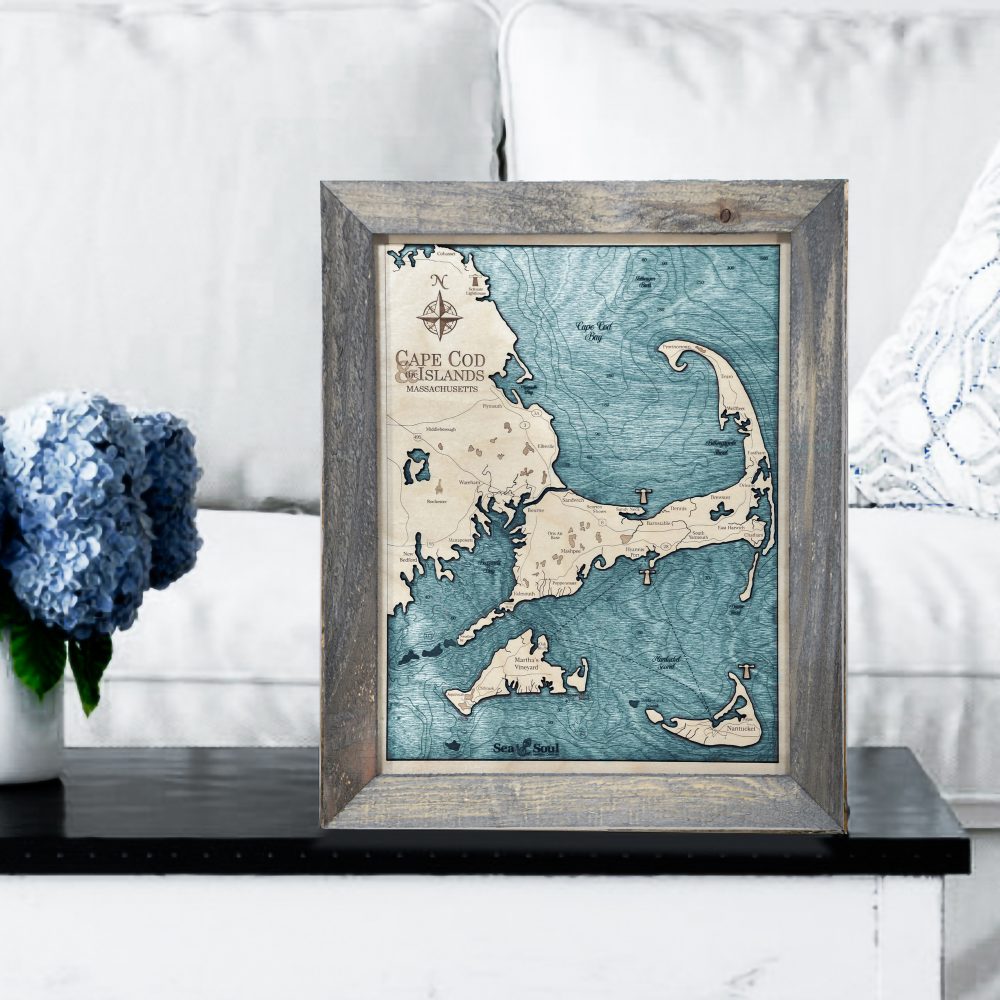 Cape Cod Wall Art Rustic Pine with Blue Green Water on Coffee Table