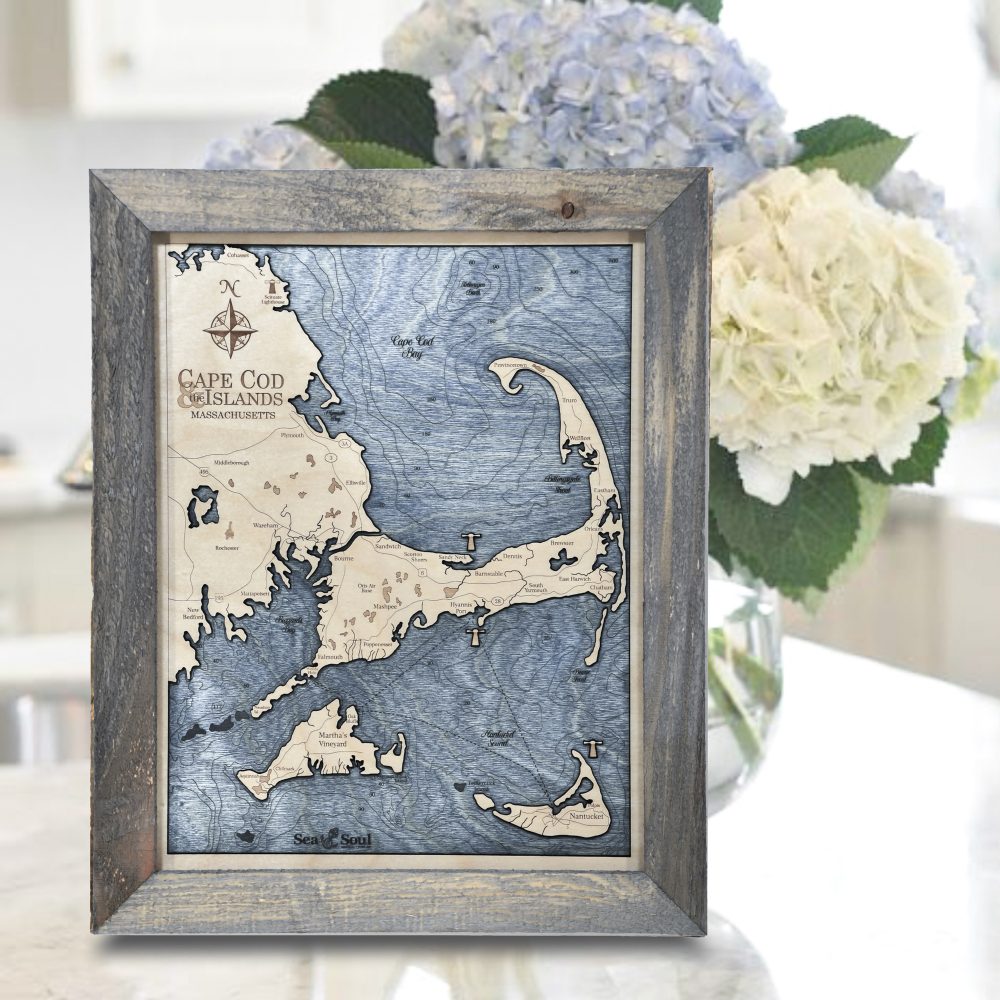 Cape Cod Wall Art Rustic Pine with Deep Blue Water on Counter with Flowers