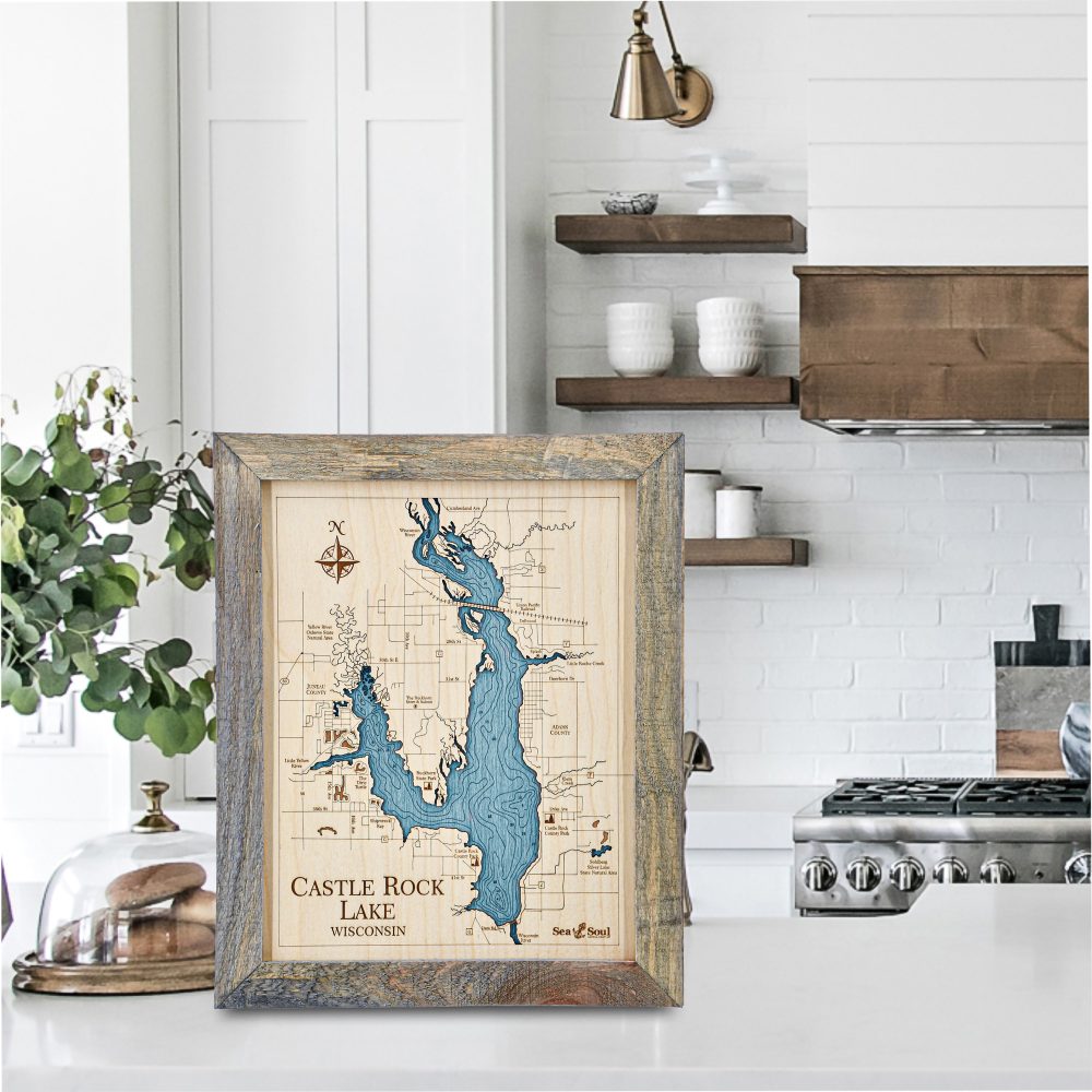 Castle Rock Lake Wall Art 13x16 Rustic Pine Accent with Blue Green Water on Countertop