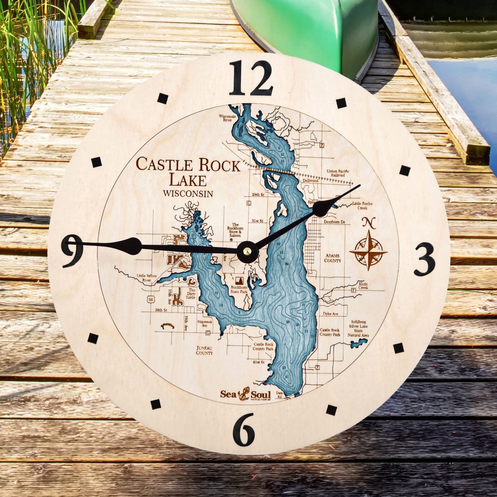 Castle Rock Lake Nautical Clock Birch Accent with Blue Green Water on Dock