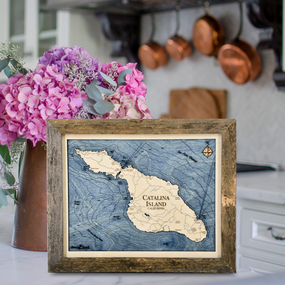 Catalina Island Wall Art with Pine Accent and Deep Blue Water on Countertop