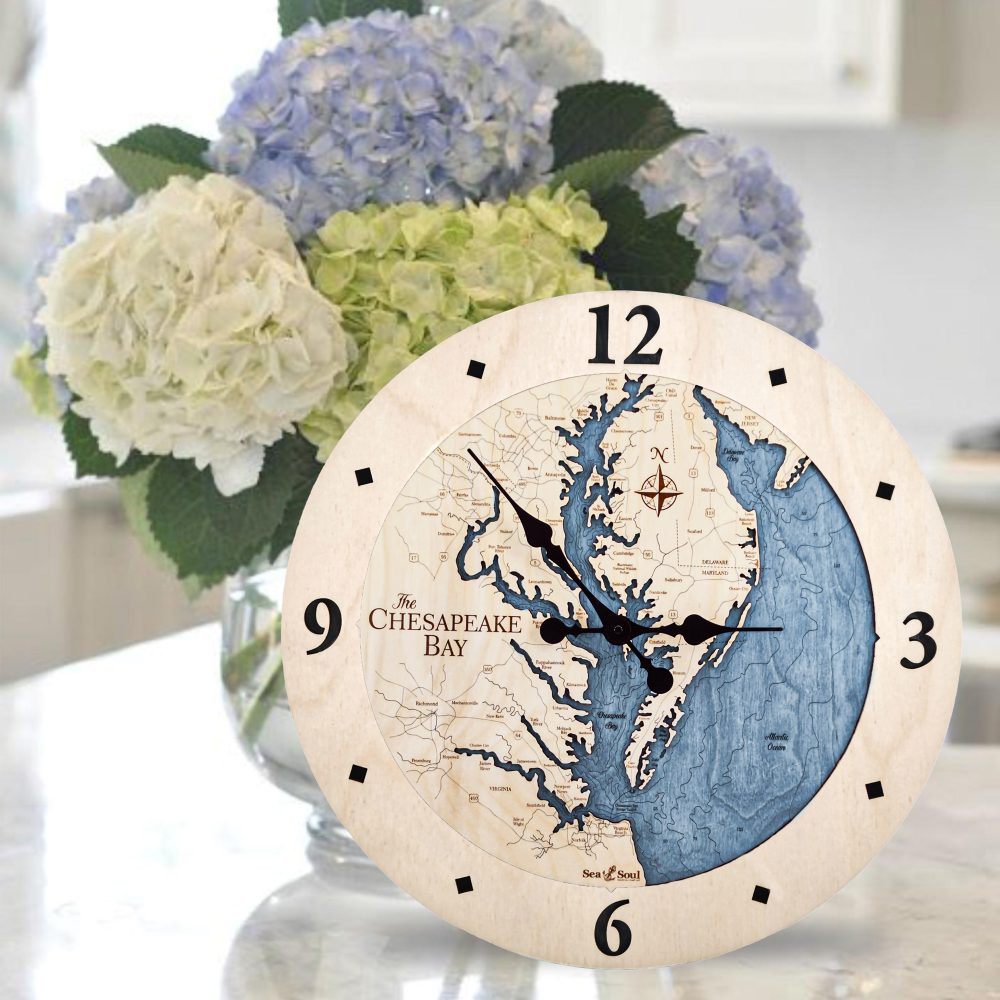 Chesapeake Bay Nautical Clock Birch Accent with Deep Blue Water on Table with Flowers
