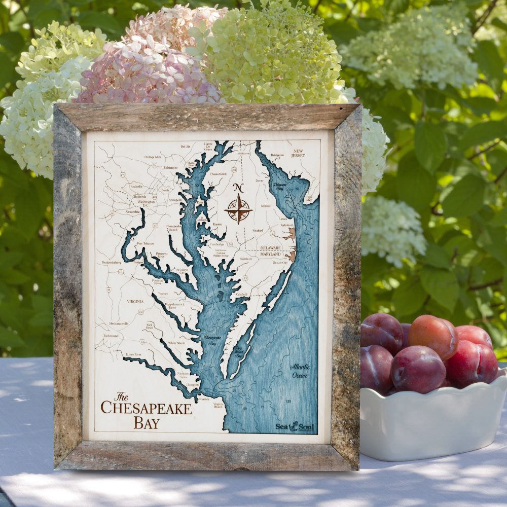 Chesapeake Bay Wall Art Rustic Pine Accent with Blue Green Water on Table with Flowers