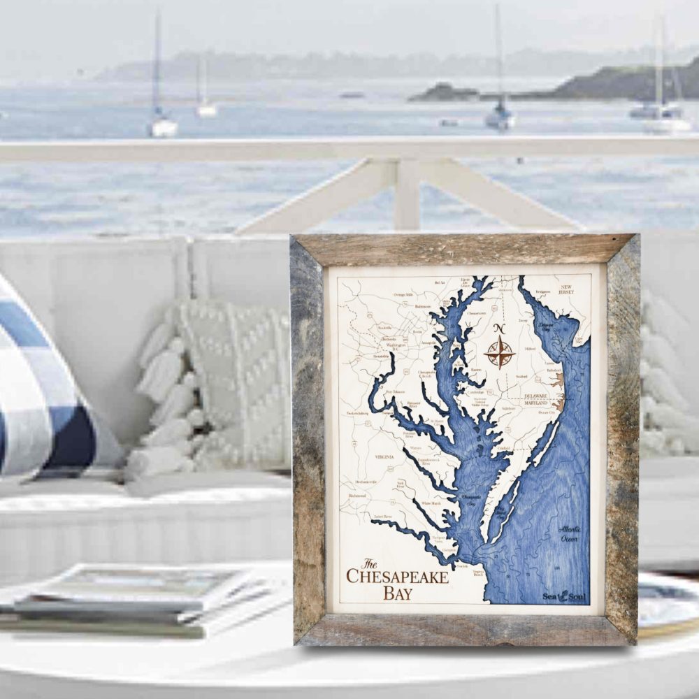 Chesapeake Bay Wall Art Rustic Pine Accent with Deep Blue Water on Table by Waterfront