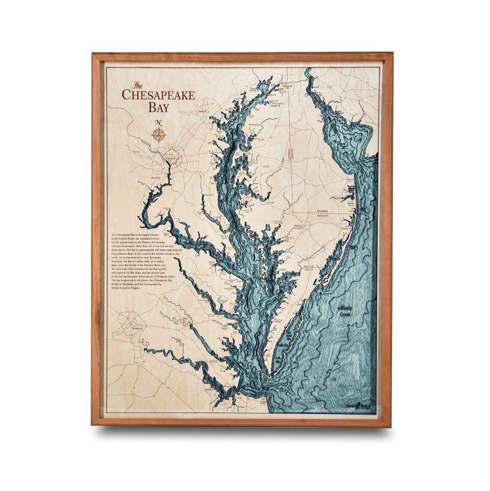 Chesapeake Bay Nautical Map Wall Art Cherry Accent with Blue Green Water