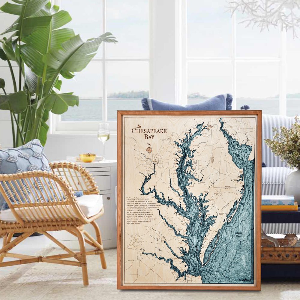 Chesapeake Bay Nautical Map Wall Art Cherry Accent with Blue Green Water Sitting on Living Room Floor by Armchair and Coffee Table