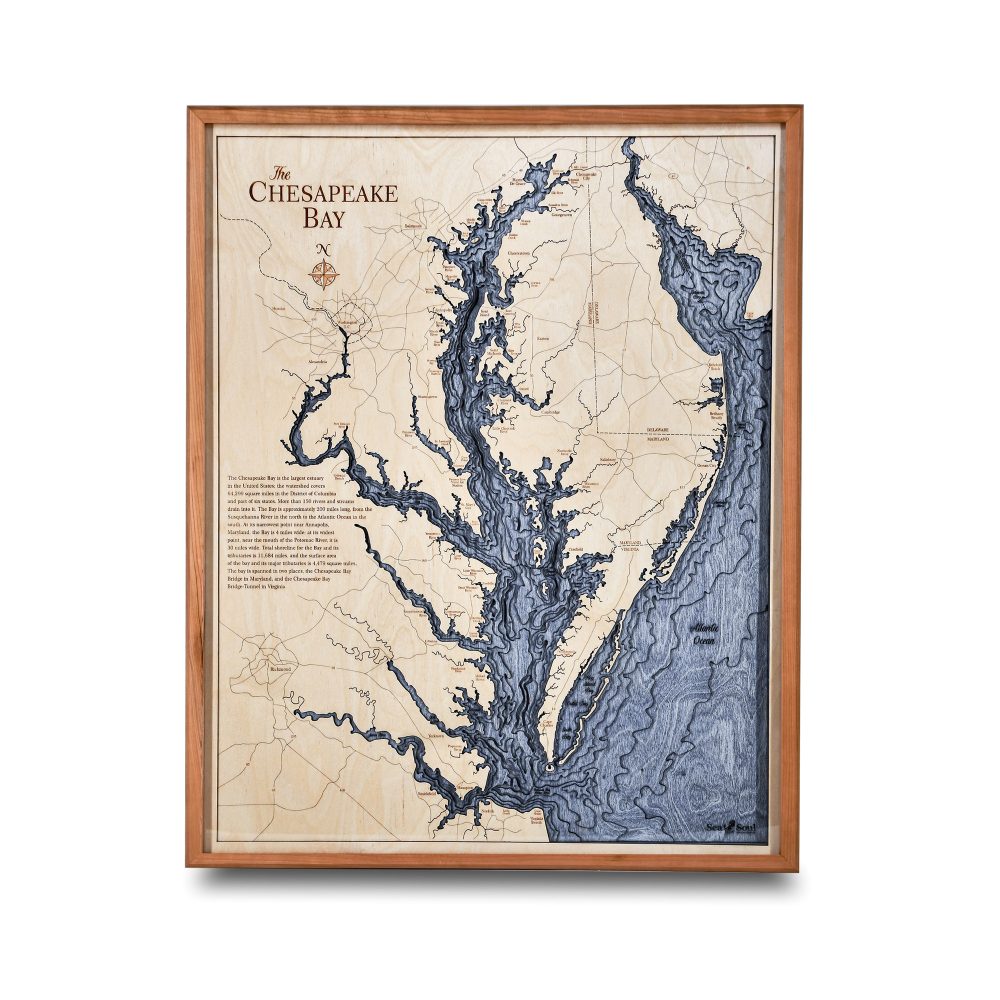 Chesapeake Bay Nautical Map Wall Art Cherry Accent with Deep Blue Water