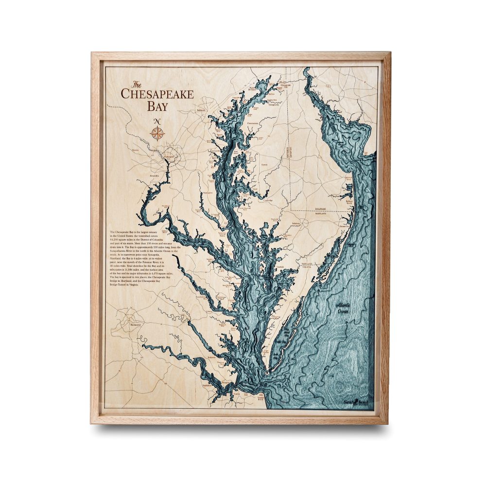 Chesapeake Bay Nautical Map Wall Art Oak Accent with Blue Green Water