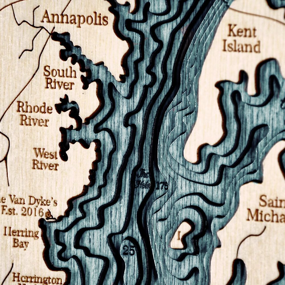 Chesapeake Bay Nautical Map Wall Art Oak Accent with Blue Green Water Detail Shot 1