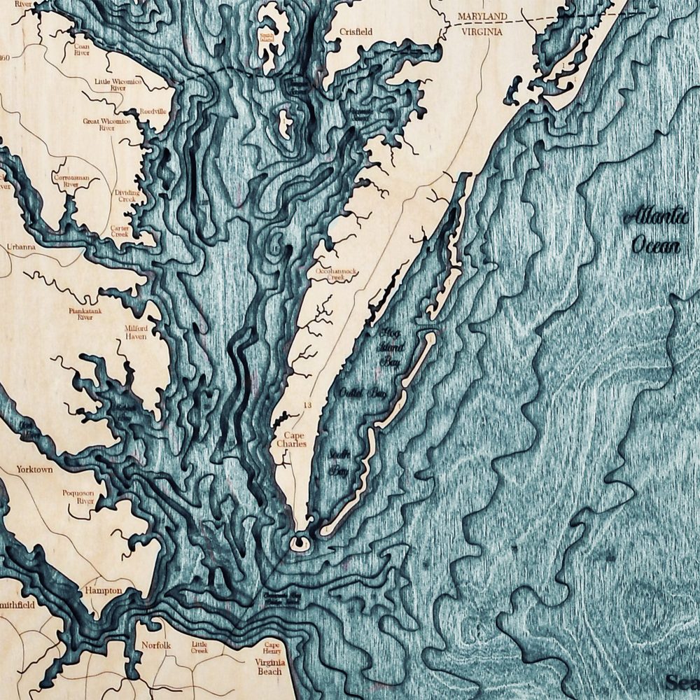 Chesapeake Bay Nautical Map Wall Art Oak Accent with Blue Green Water Detail Shot 3