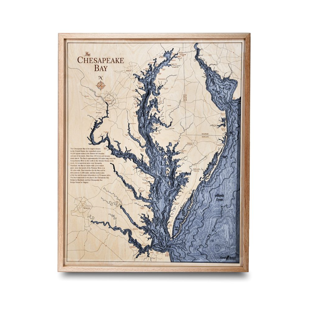 Chesapeake Bay Nautical Map Wall Art Oak Accent with Deep Blue Water