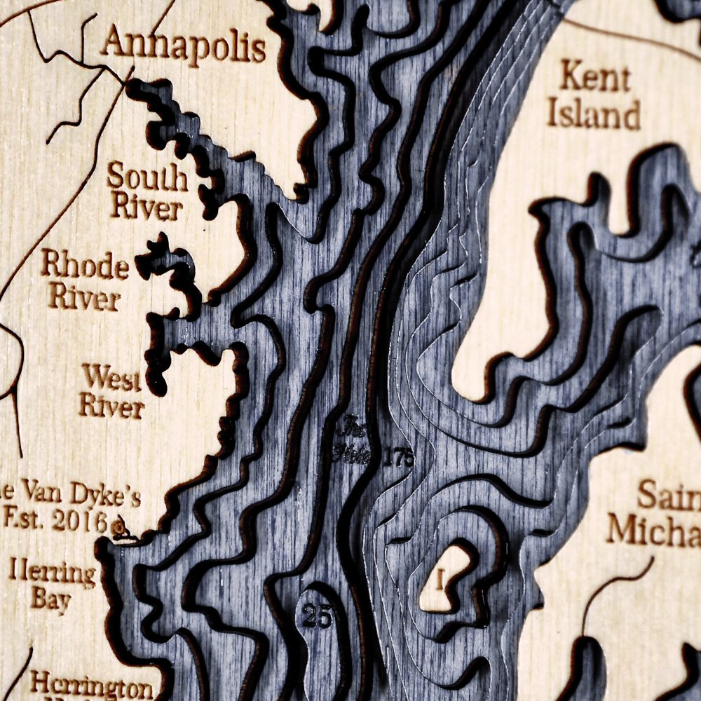 Chesapeake Bay Nautical Map Wall Art Oak Accent with Deep Blue Water Detail Shot 1