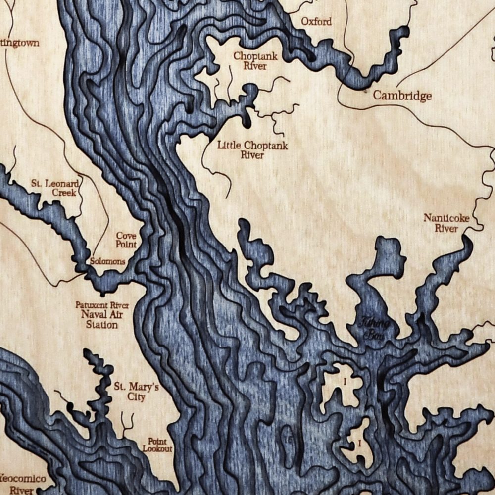 Chesapeake Bay Nautical Map Wall Art Oak Accent with Deep Blue Water Detail Shot 2