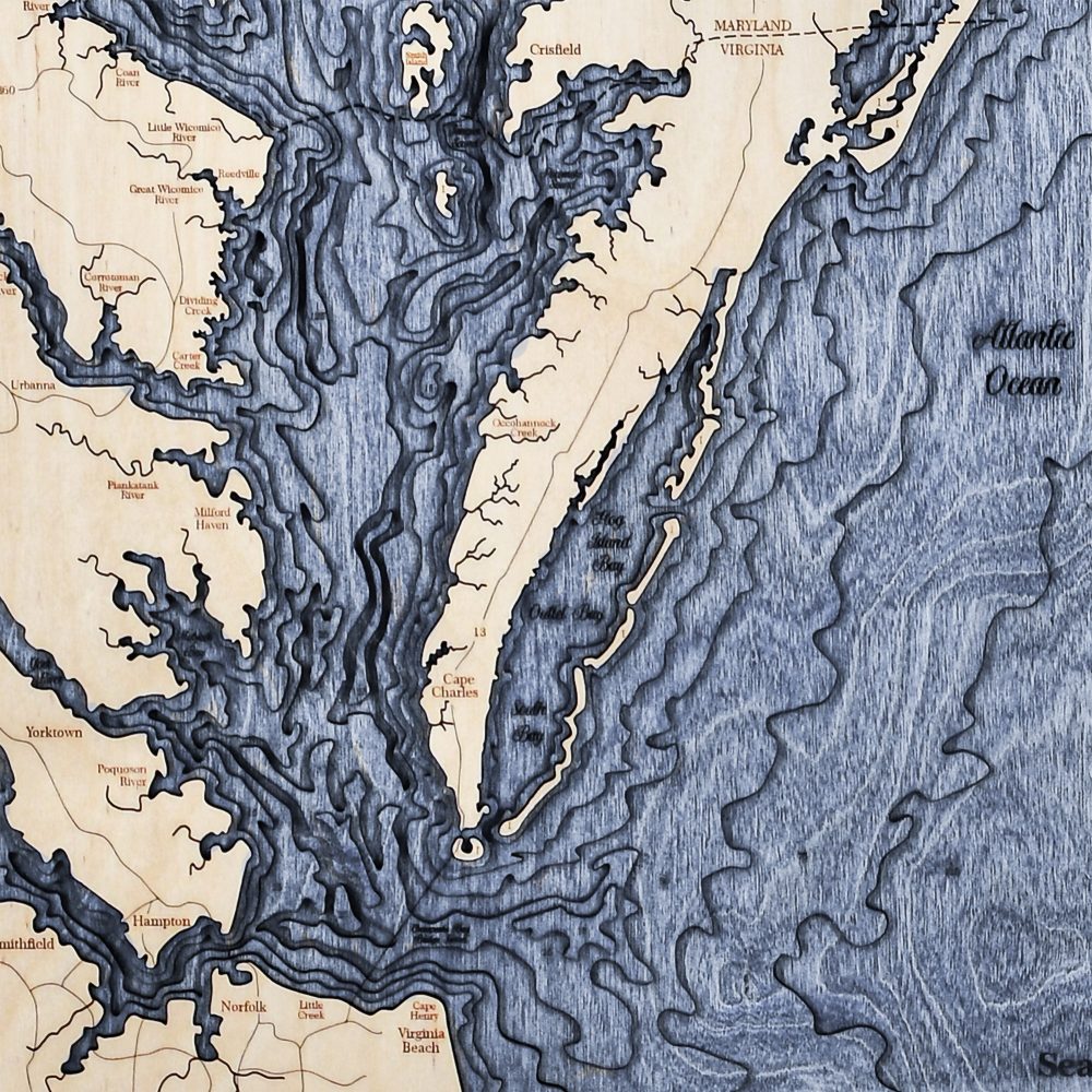 Chesapeake Bay Nautical Map Wall Art Oak Accent with Deep Blue Water Detail Shot 3