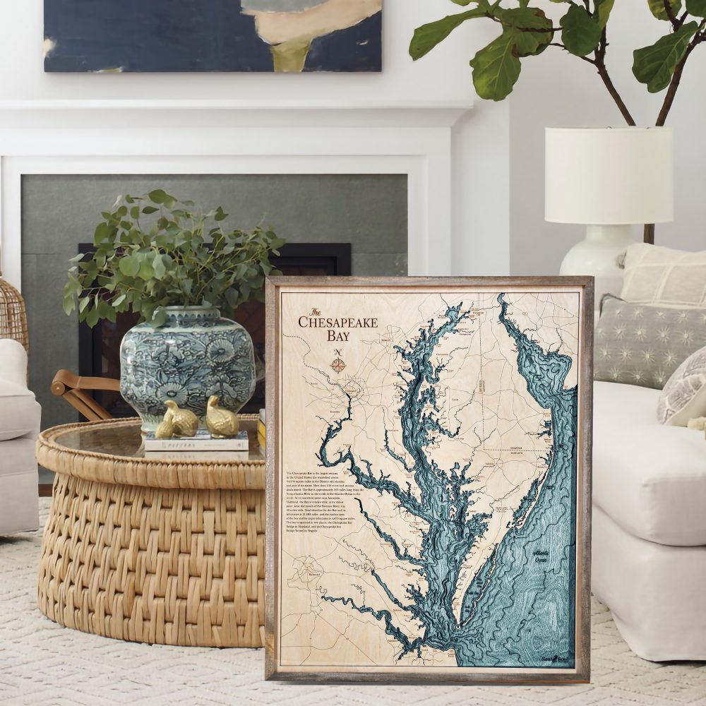 Chesapeake Bay Nautical Map Wall Art Rustic Pine Accent with Blue Green Water Sitting on Living Room Floor by Coffee Table and Couch