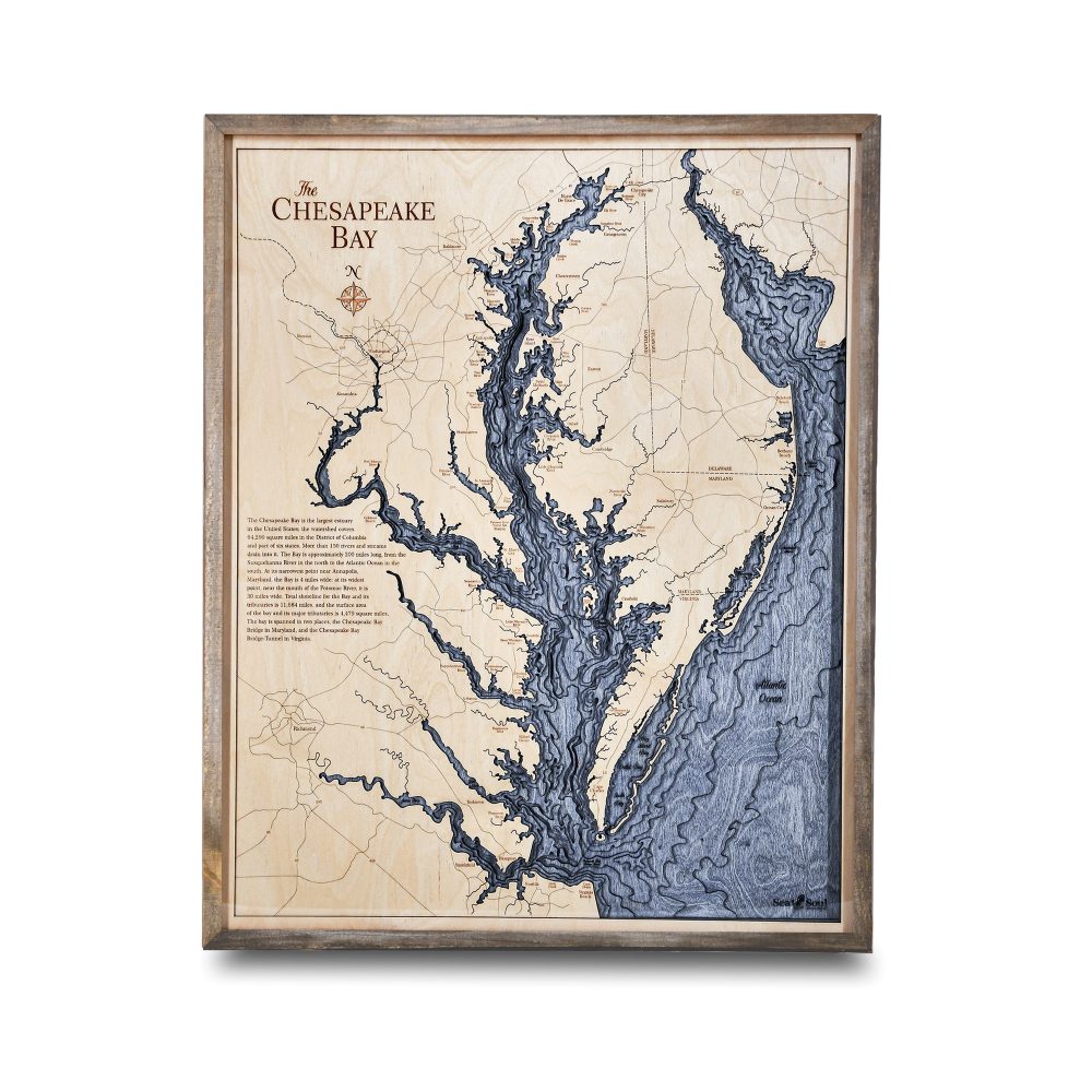 Chesapeake Bay Nautical Map Wall Art Rustic Pine Accent with Deep Blue Water