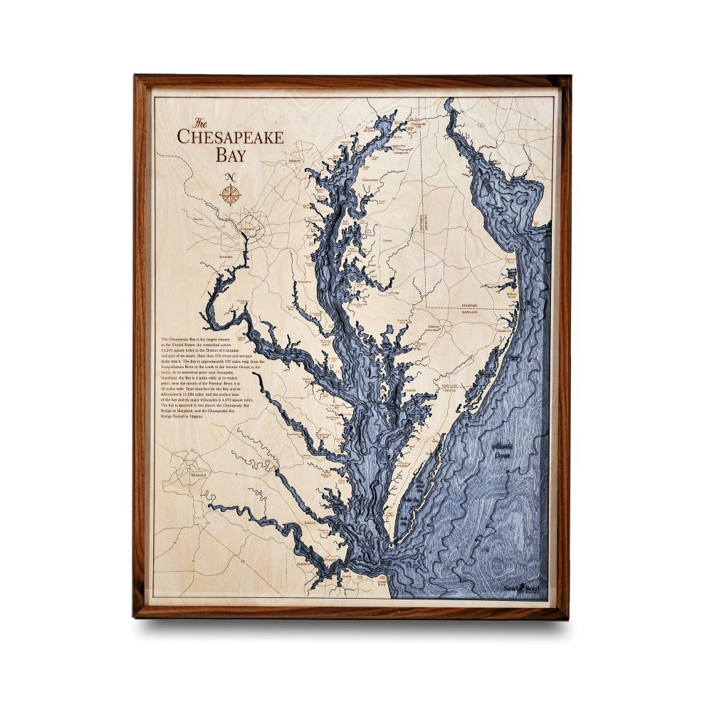 Chesapeake Bay Nautical Map Wall Art Walnut Accent with Deep Blue Water