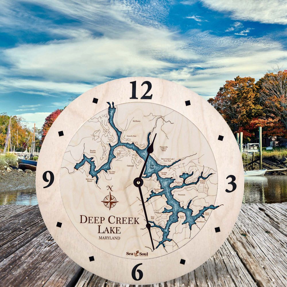 Deep Creek Lake Nautical Clock Birch Accent with Blue Green Water on Dock in Fall