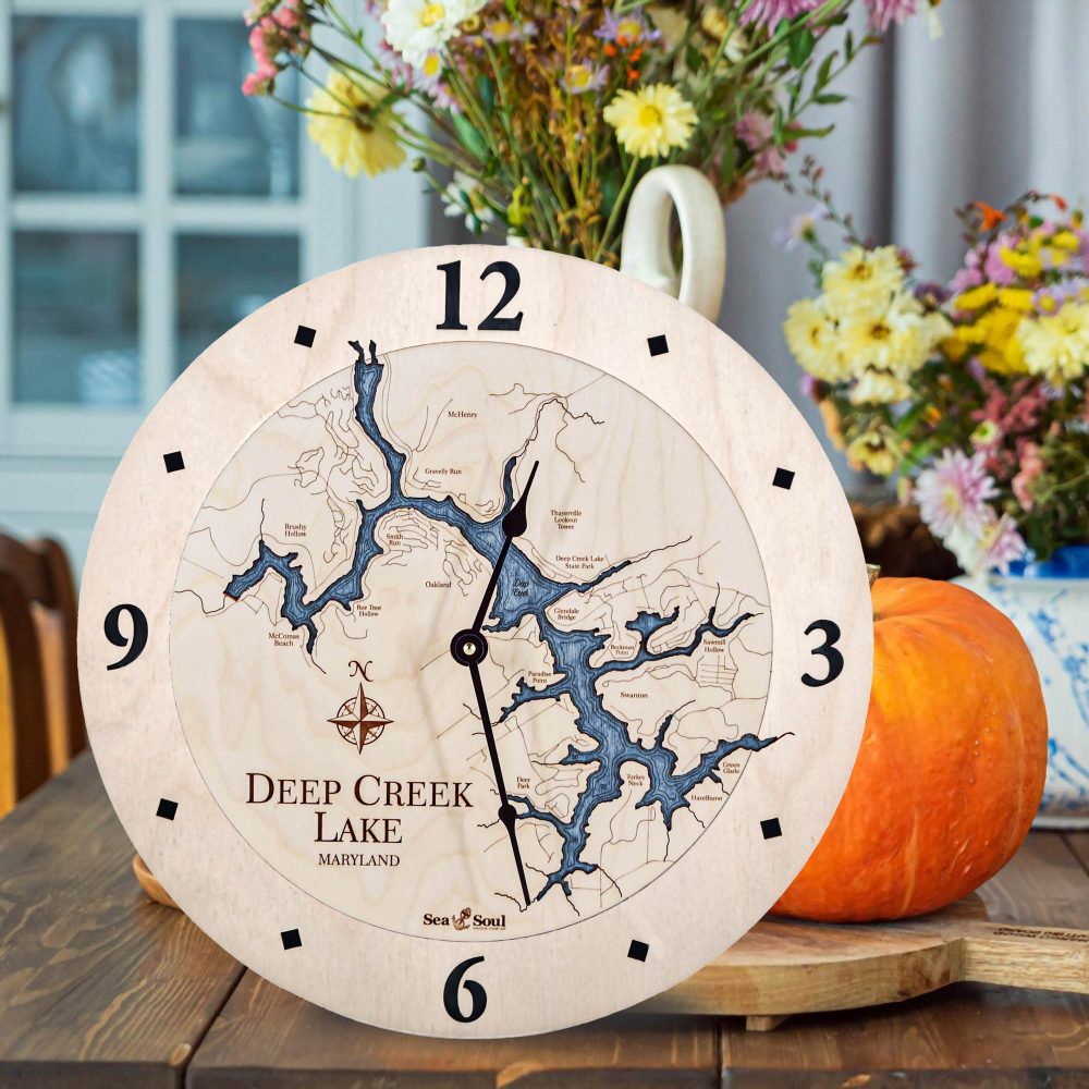 Deep Creek Lake Nautical Clock Birch Accent with Deep Blue Water on Table with Pumpkin