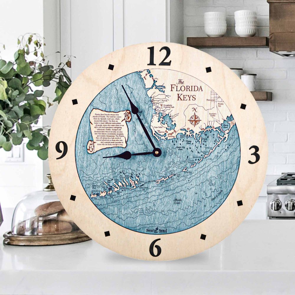 Florida Keys Nautical Clock Birch Accent with Blue Green Water on Countertop