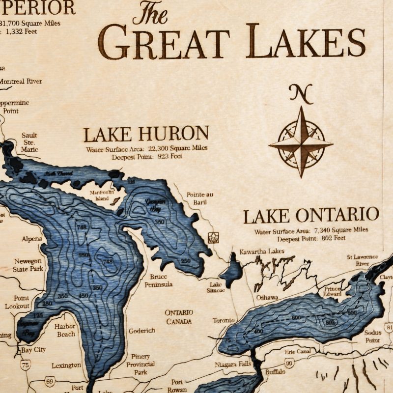 Great Lakes Wall Art TwoLevel 3D Wood Map Sea and Soul Charts