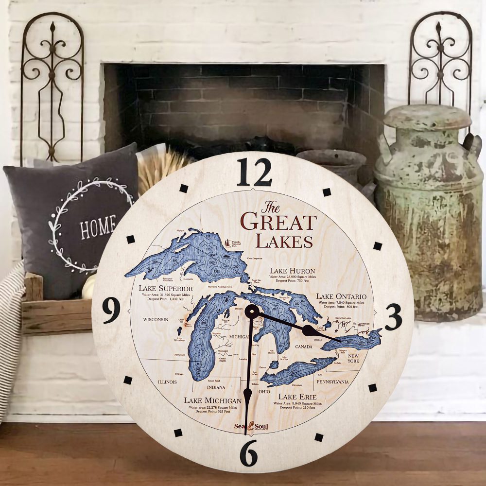 Great Lakes Nautical Clock Birch Accent with Deep Blue Water by the Fireplace
