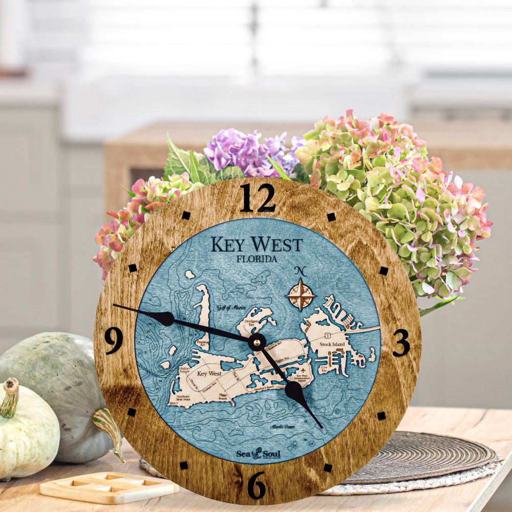Key West Nautical Clock Americana Accent with Blue Green Water on Table with Flowers and Pumpkins