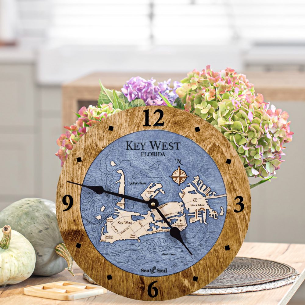 Key West Nautical Clock Americana Accent with Deep Blue Water on Table with Flowers and Pumpkins