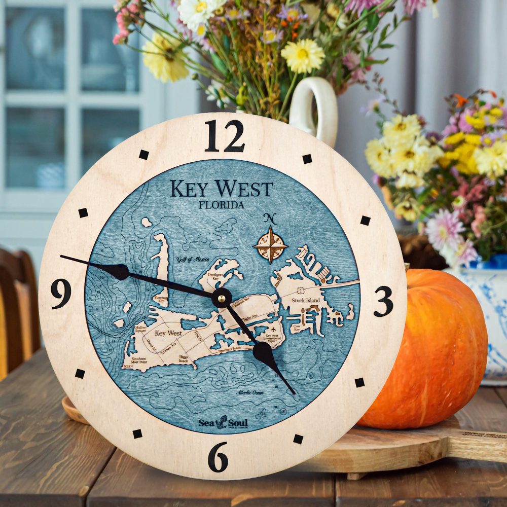 Key West Nautical Clock Birch Accent with Blue Green Water on Table with Pumpkins
