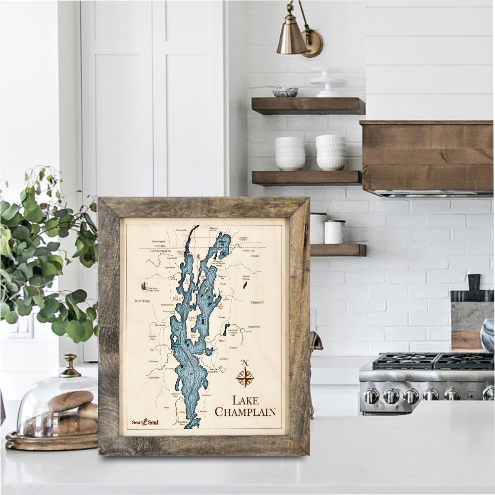 Lake Champlain Wall Art Rustic Pine with Blue Green Water on Countertop