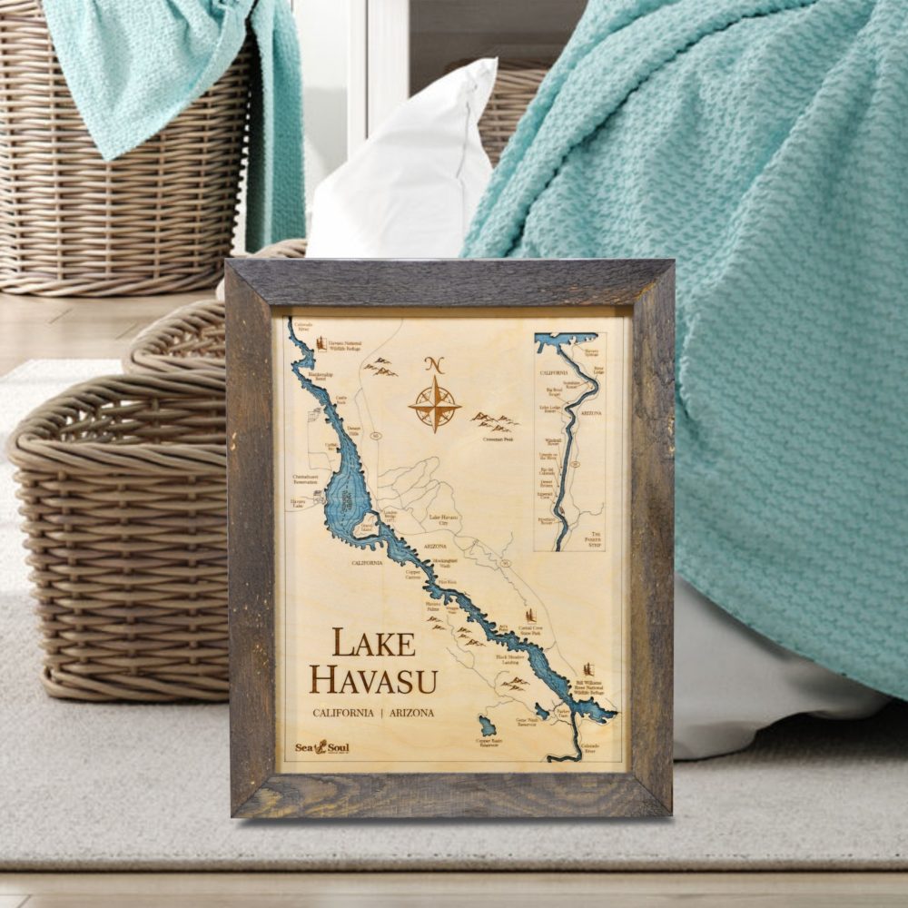 Lake Havasu Wall Art Pine Accent with Blue Green Water on Floor by Bed and Basket