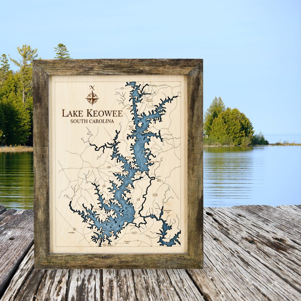 Lake Keowee Wall Art Rustic Pine Accent with Deep Blue Water on Dock by Lake
