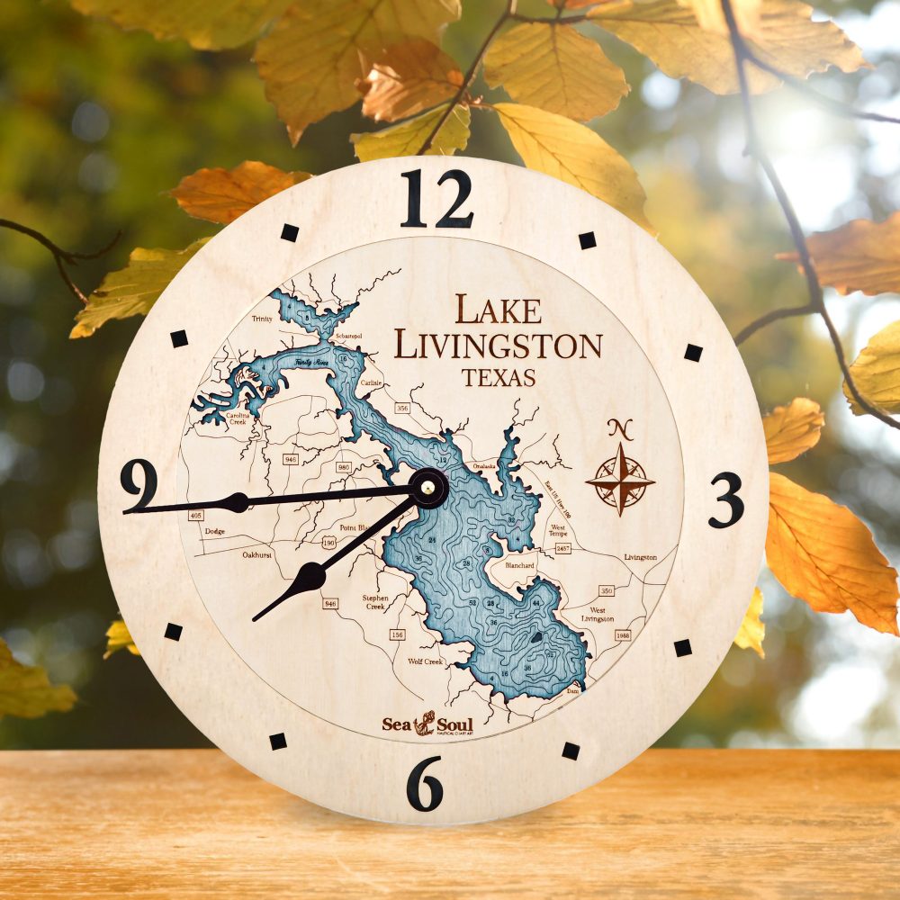 Lake Livingston Nautical Clock Birch Accent with Blue Green Water on Table by Fall Leaves