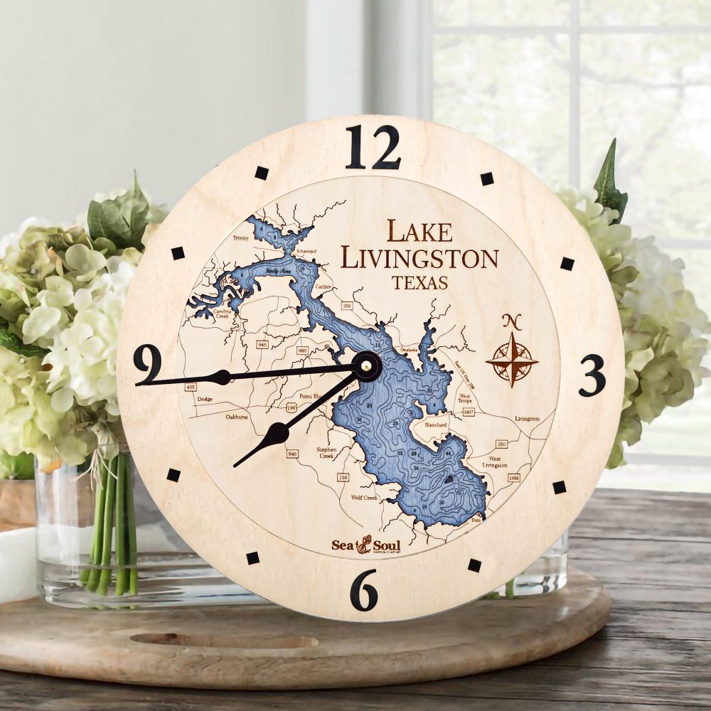 Lake Livingston Nautical Clock Birch Accent with Deep Blue Water on Table with Flowers