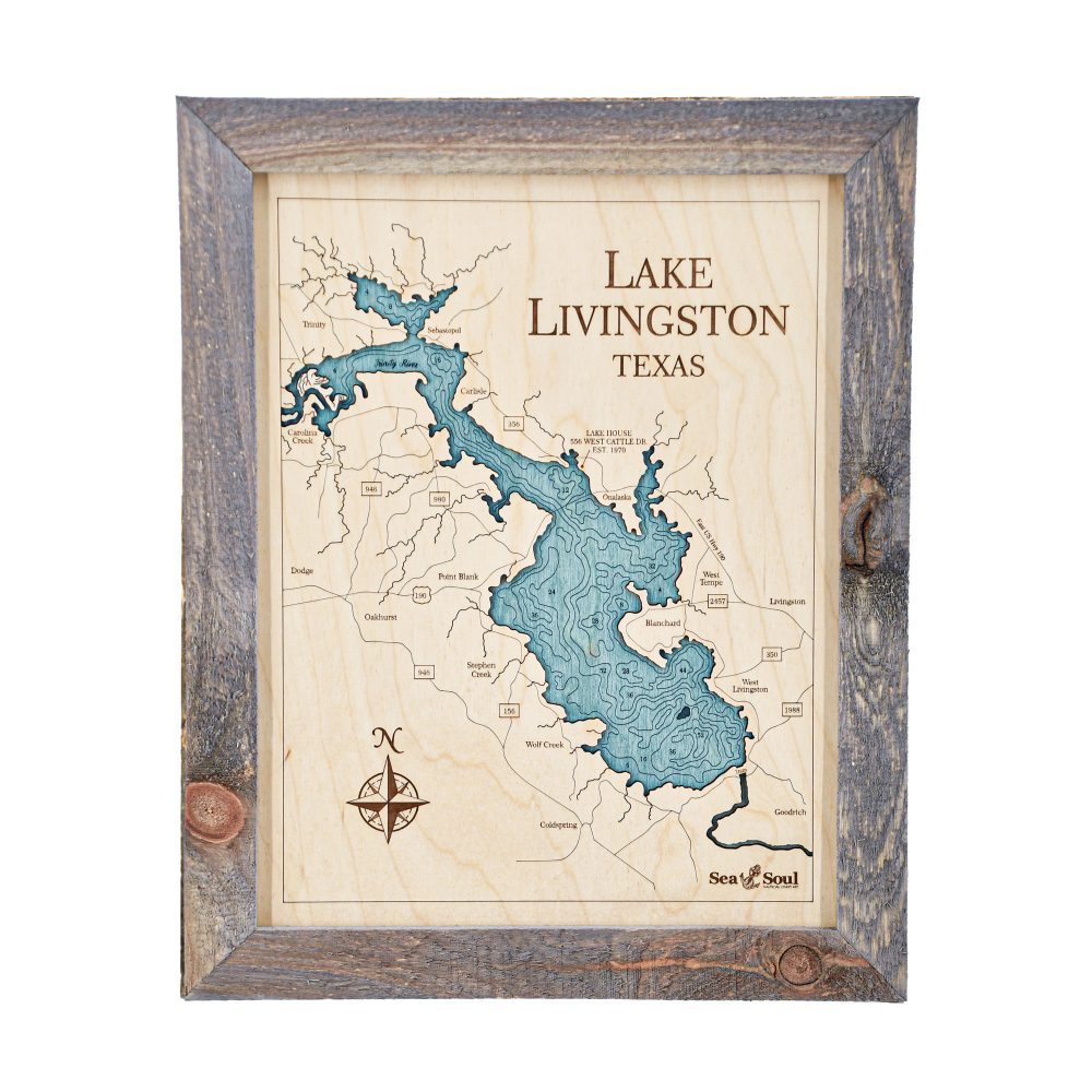 Lake Livingston Wall Art 13x16 Rustic Pine Accent with Blue Green Water