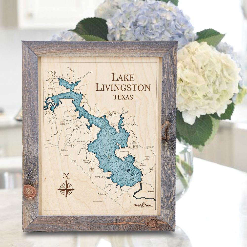 Lake Livingston Wall Art 13x16 Rustic Pine Accent with Blue Green Water on Countertop with Flowers