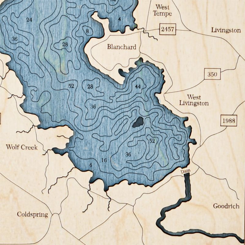 Lake Livingston Wall Art - Two-Level 3D Wood Map - Sea and Soul Charts