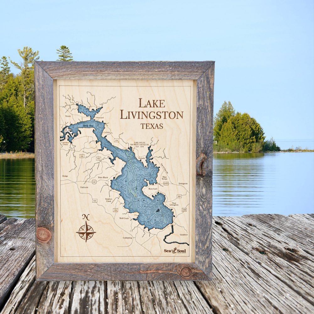 Lake Livingston Wall Art 13x16 Rustic Pine Accent with Deep Blue Water on Dock