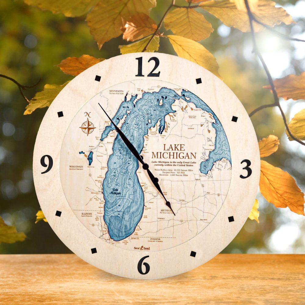Lake Michigan Nautical Clock Birch Accent with Blue Green Water on Table with Fall Leaves